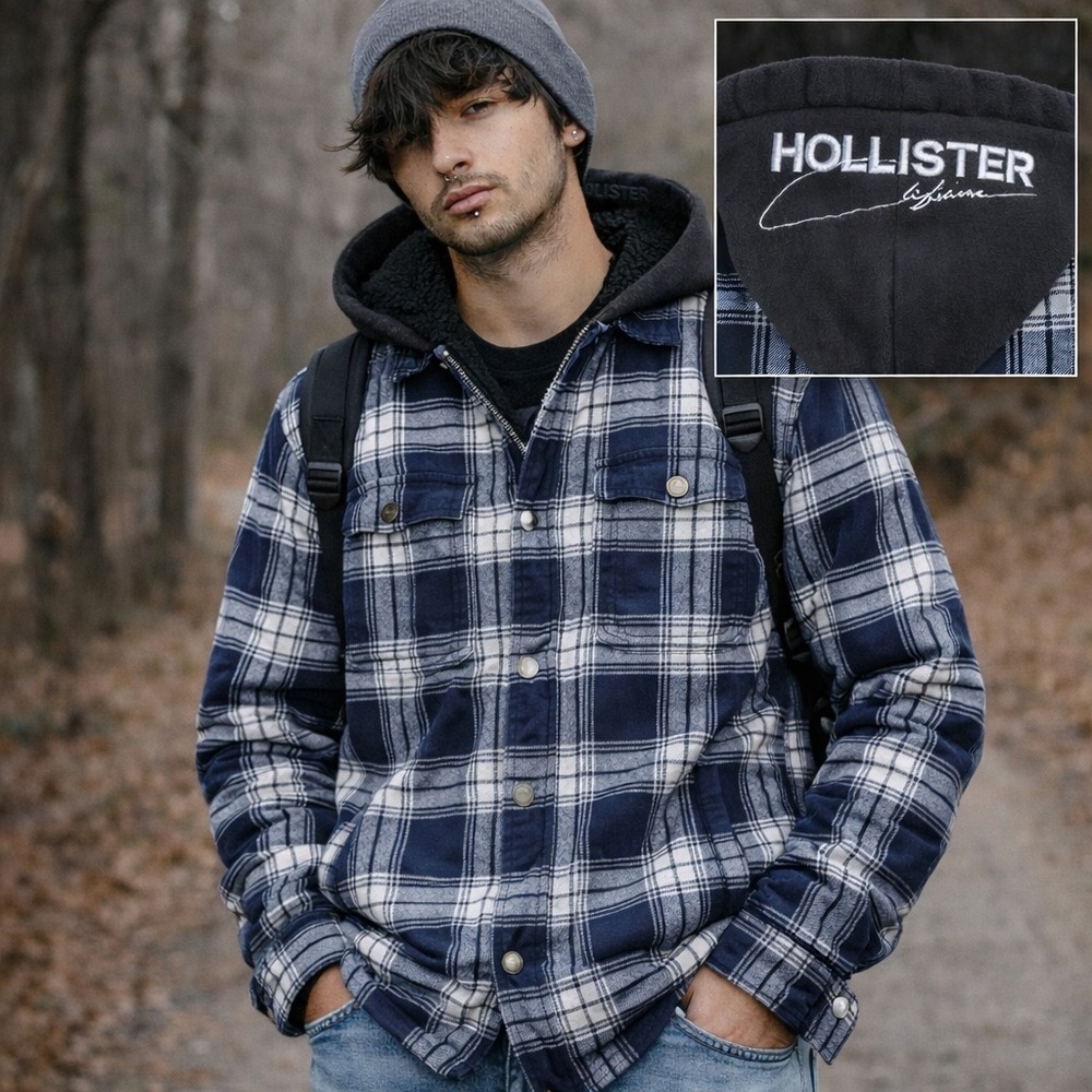 Hollister Shacket Mens S Blue Plaid Hooded Stitched Sherpa Lined Snap Grunge Y2K - Picture 1 of 11
